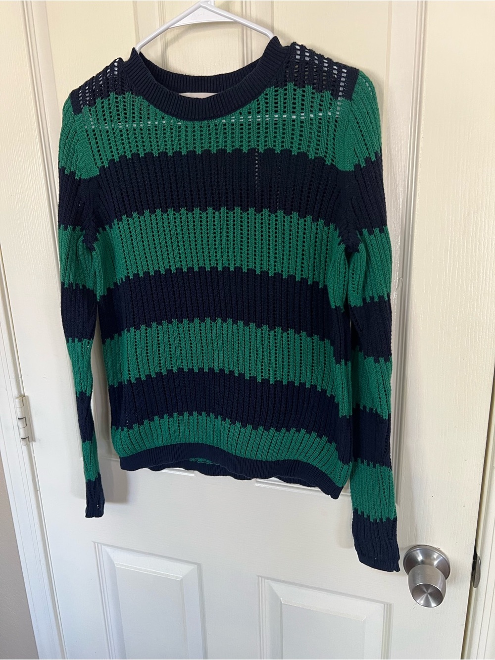 LOFT Green & Navy Striped Open Knit Cotton Sweater Size Medium - Picture 6 of 9